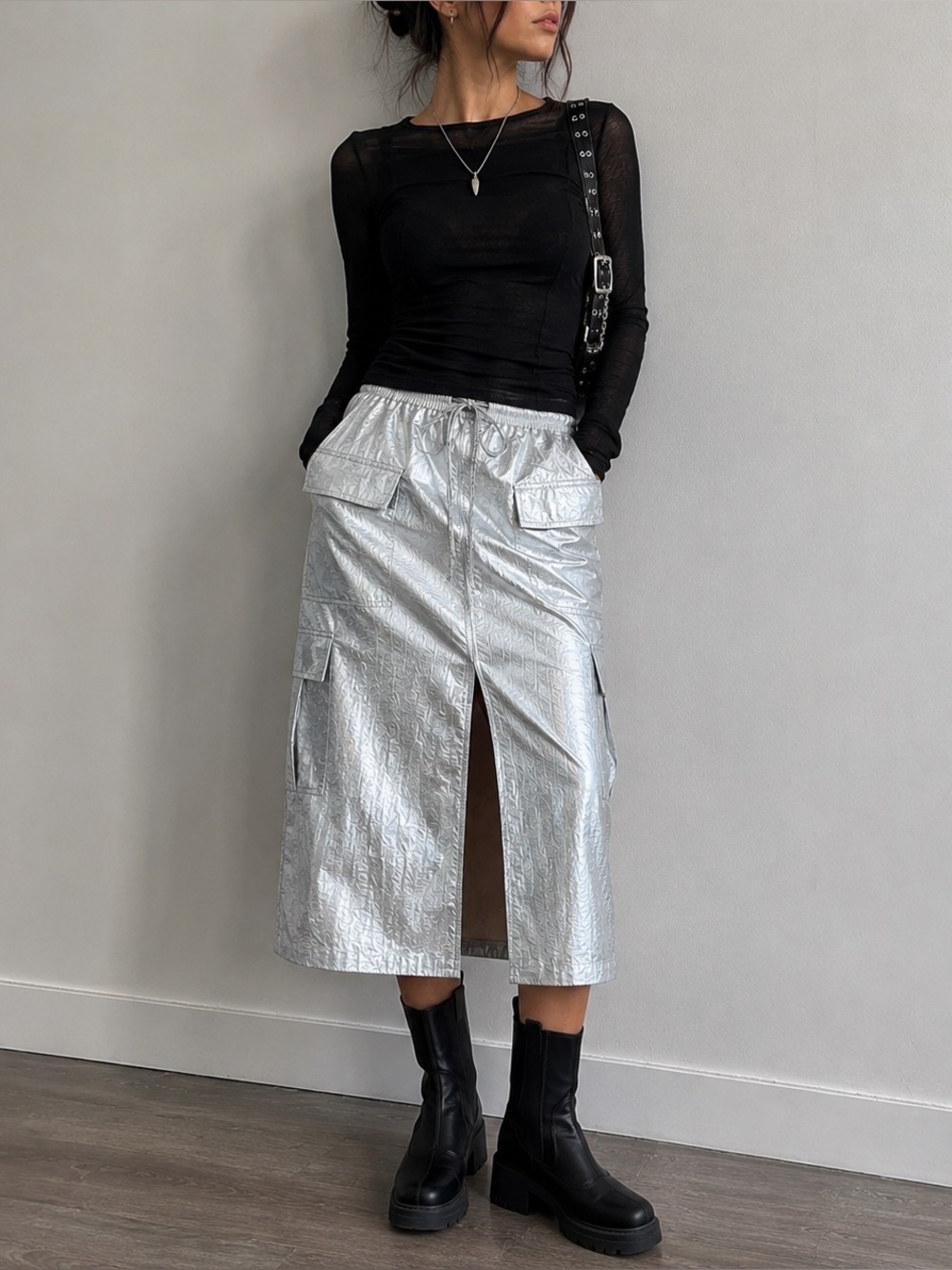 Anthropologie Silver Metallic Cargo‎ Midi Skirt Small Cyber Futuristic Y2K